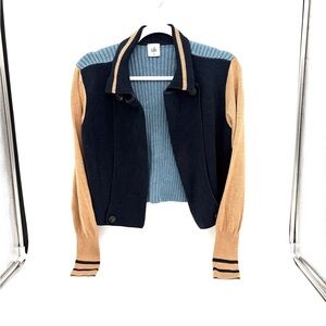 Womens CAbi Small Dark Blue Light Brown and Light Blue Knit Cardigan Sweater